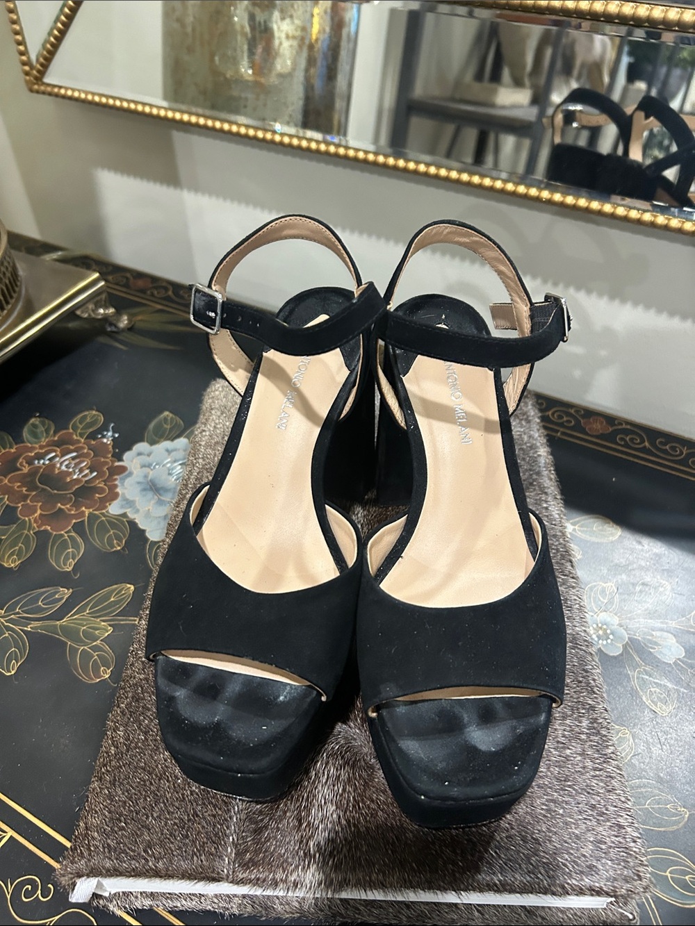 Antonio Melani 6 medium Black Suede Platform Sandals with Ankle Strap
